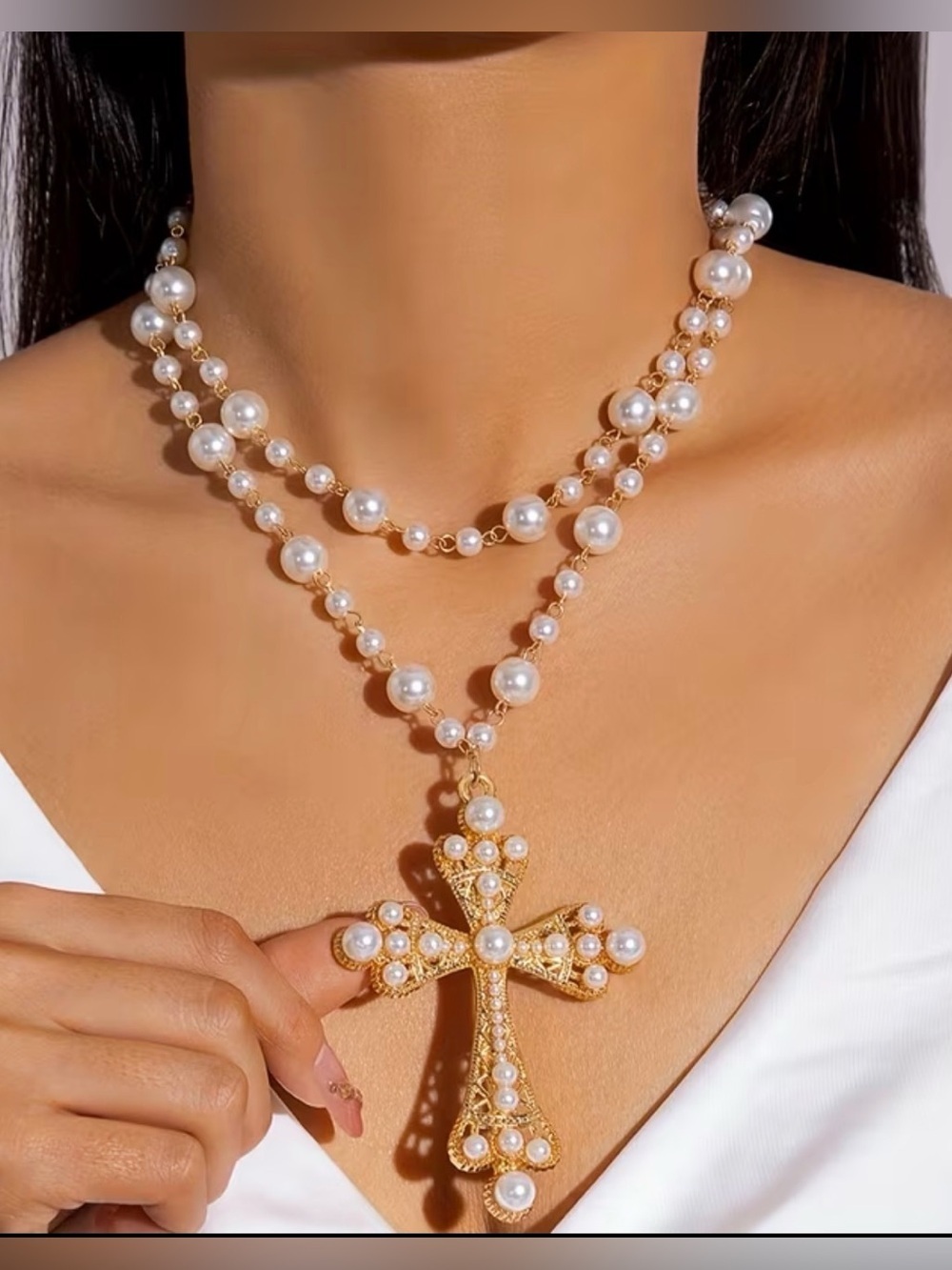Golden color Pearl Cross Pendant Necklace - Women's Layered Statement Jewelry